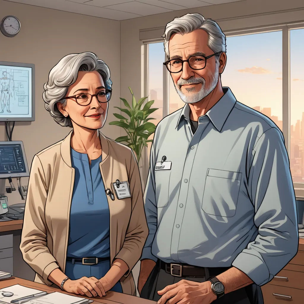 a man and woman standing in an office with a computer monitor and keyboard on the desk and a plant in the corner, american scene painting, a stock photo, Doc Hammer, official art
