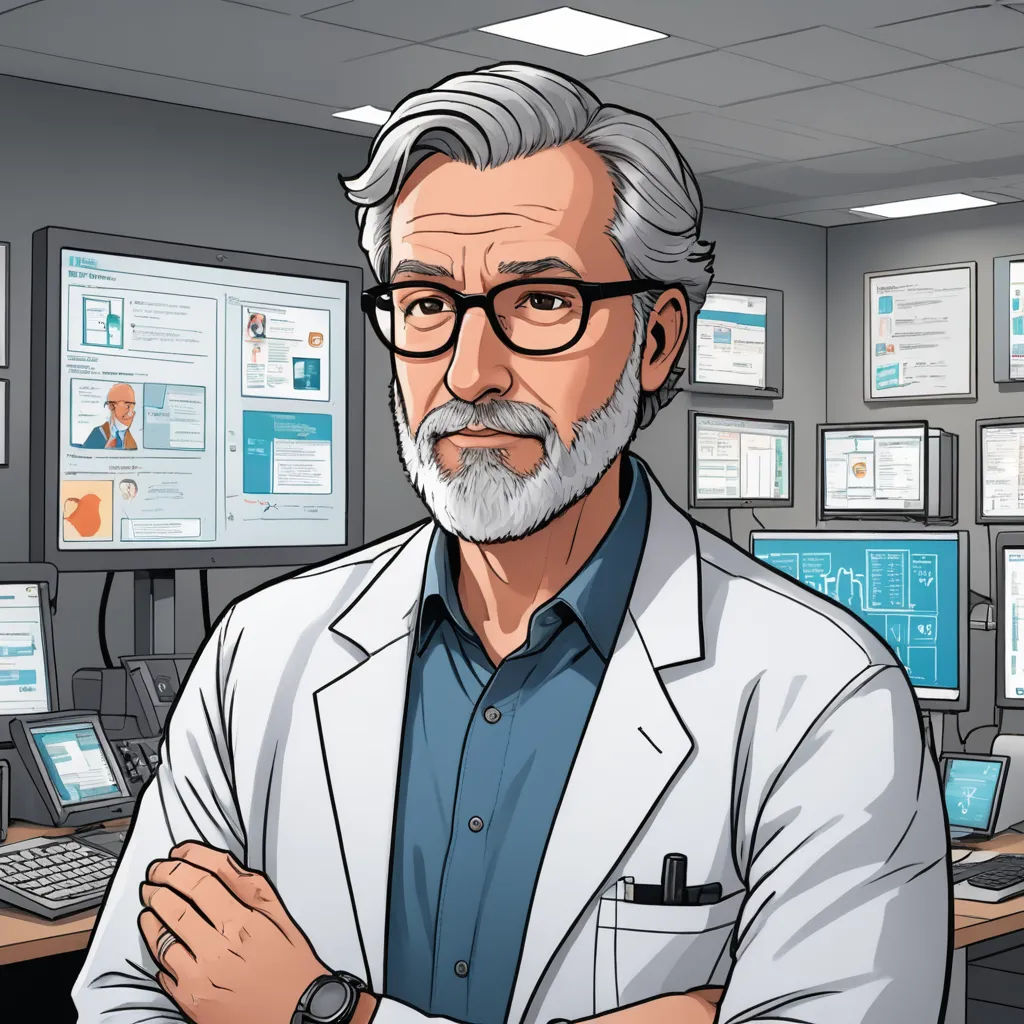 a man in a lab coat standing in front of a computer desk with monitors on it and a keyboard, serial art, a character portrait, Chip Zdarsky, official art