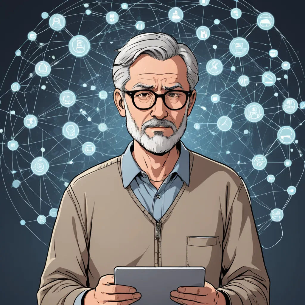 a man holding a tablet with a network of circles around him and a circle of dots above him that reads,, les automatistes, a character portrait, Diego Gisbert Llorens, cybernetics