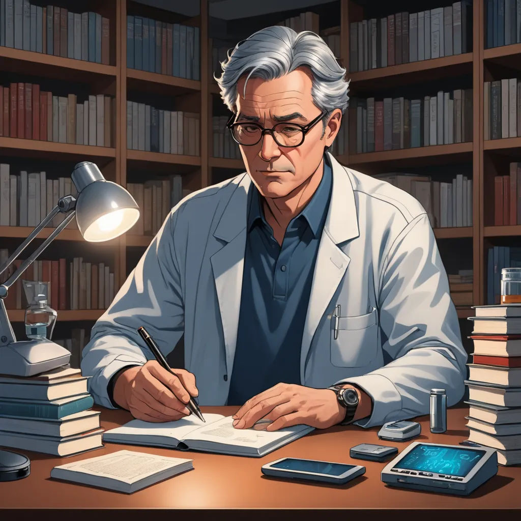 a man sitting at a desk with a book and a phone in front of him and a lamp on top of it, academic art, a character portrait, Doc Hammer, ultra realistic illustration
