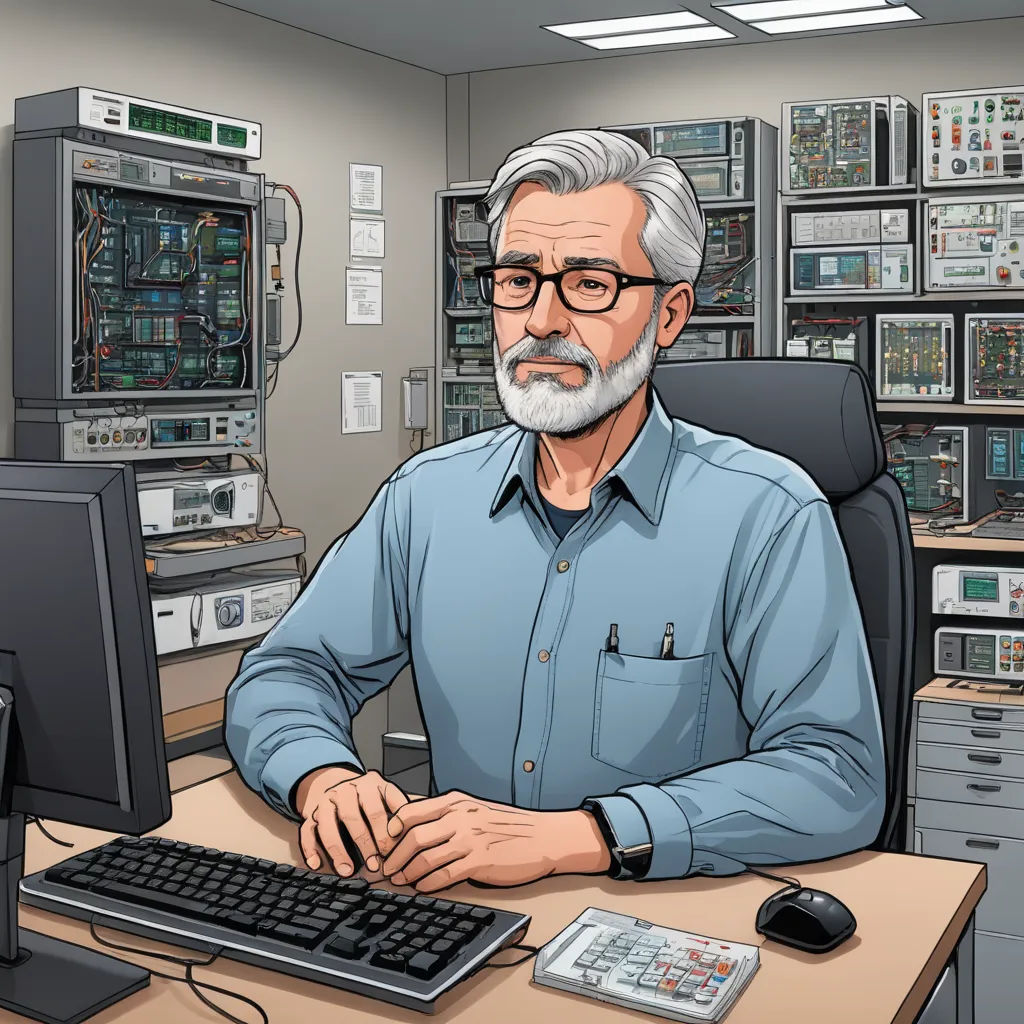 a man sitting at a computer desk with a keyboard and monitor in front of him and a lot of electrical equipment behind him, computer art, computer graphics, Dean Roger, game art
