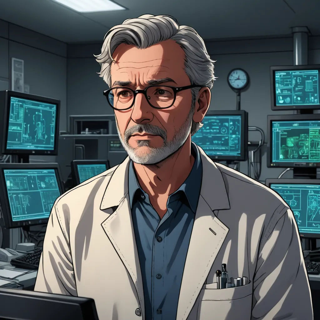 a man in a lab coat and glasses standing in front of a computer screen with multiple monitors on it, sots art, a character portrait, David Park, official art