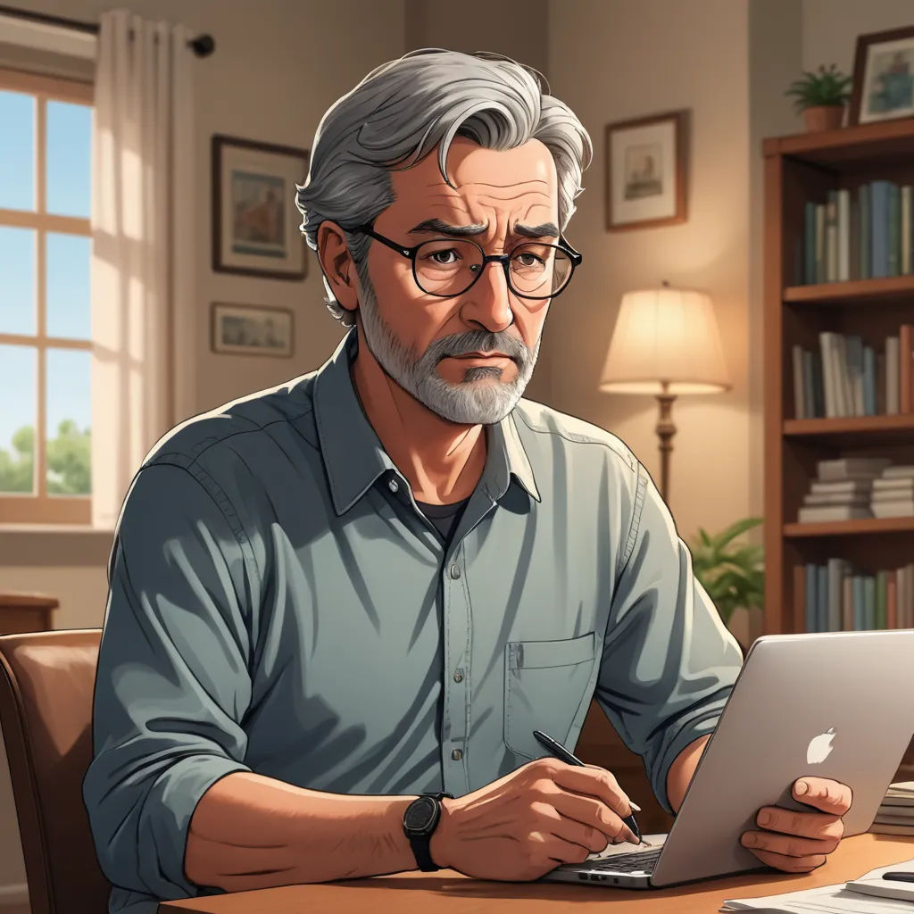 a man sitting at a table with a laptop computer in front of him and a bookcase behind him, sots art, a character portrait, Dan Scott, game art