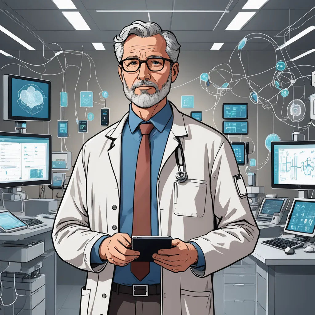 a man in a lab coat holding a tablet in his hands and looking at the screen with medical icons on the wall, neoplasticism, computer graphics, Doc Hammer, cybernetics