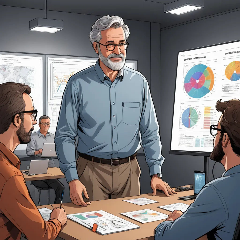 a man standing in front of a table with a laptop computer on it and another man sitting at a desk, academic art, a digital rendering, Diego Gisbert Llorens, high detail illustration