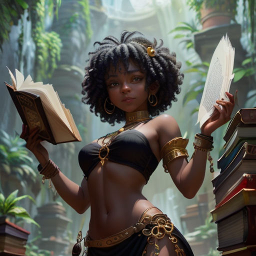 a woman in a bikini holding a book and posing for a picture in a jungle setting with a jungle background