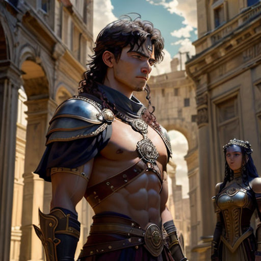 a man and woman in roman armor standing in front of a castle building with a sky background and clouds