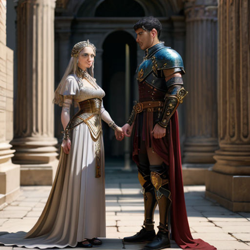 a man and woman dressed in medieval costumes standing in a courtyard holding hands and looking at each other with a stone archway in the background