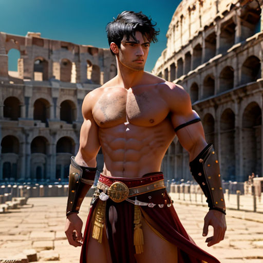 a man in a roman gladia outfit standing in front of a roman collise with his shirt open