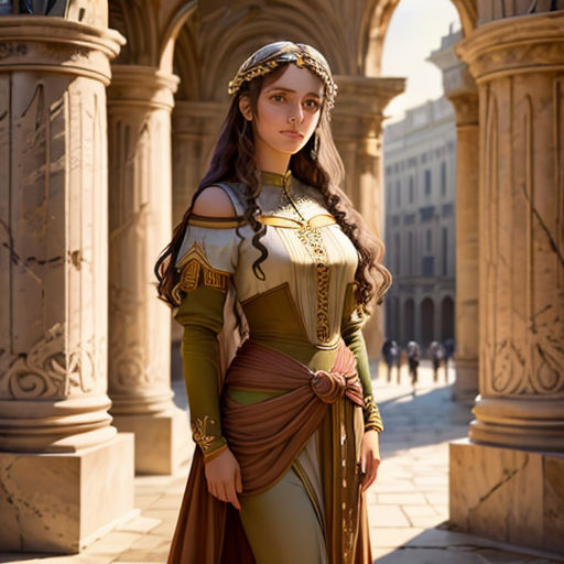 a woman in a renaissance dress standing in a courtyard with columns and arches in the background, with a woman in a renaissance dress