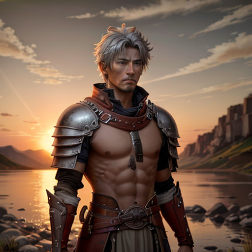 a man in armor standing next to a river at sunset with a castle in the background and a castle in the background