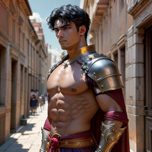 a man in a roman costume standing on a street corner with his shirt open and his shirt down,