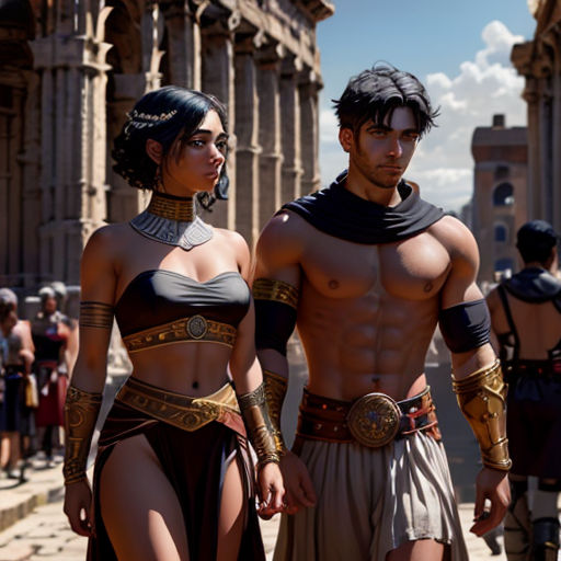 a man and a woman in roman costumes walking down a street together, with a crowd of people behind them