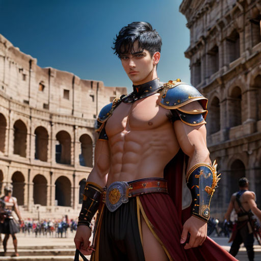a man in a roman gladia costume standing in front of a building with a sword in his hand