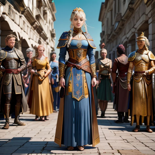 a woman in a blue dress standing in front of a group of men in armor and armor on a street