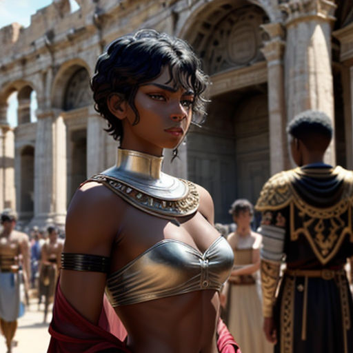 a woman in a roman costume standing in front of a crowd of people in front of a building with columns