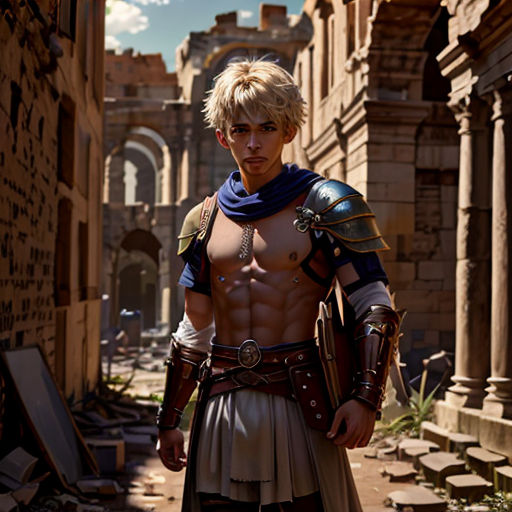 a man in a roman gladia outfit standing in a street with a sword in his hand and a helmet on his head
