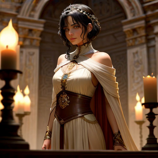 a woman dressed in a costume standing in a room with candles and candles behind her, wearing a crown and a cape