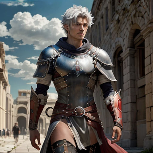 a man in armor walking down a street next to a building with a sword in his hand and a sword in his other hand