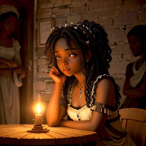 a woman sitting at a table with a candle in front of her and a group of people in the background