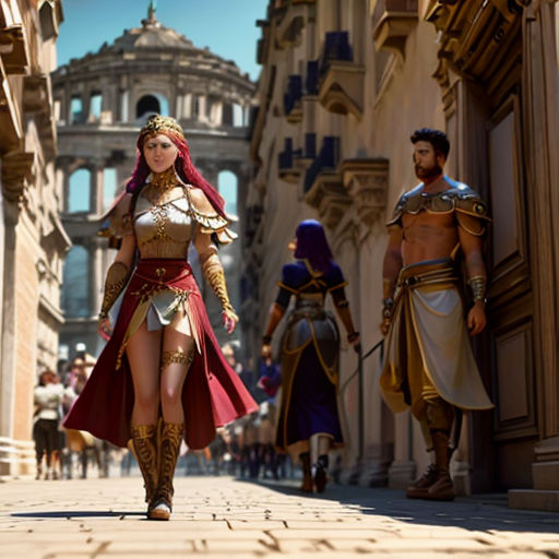 a woman in a costume walking down a street with two men in roman costumes behind her and a man in a roman costume