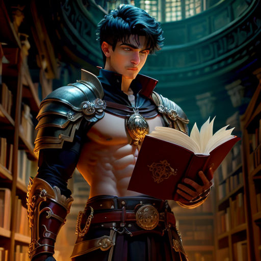 a man in a library holding a book and wearing armor and holding a sword in his hand and looking at the camera