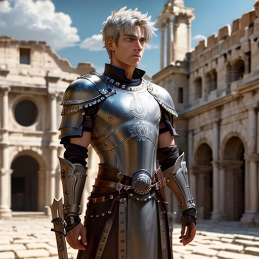 a man in a silver armor standing in front of a building with a sword in his hand and a helmet on