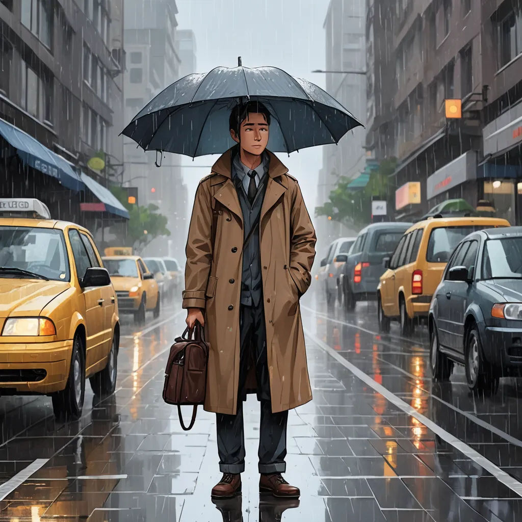 a man in a trench coat holding an umbrella in the rain on a city street with cars and taxis, photorealism, a photorealistic painting, David Park, highly detailed digital painting