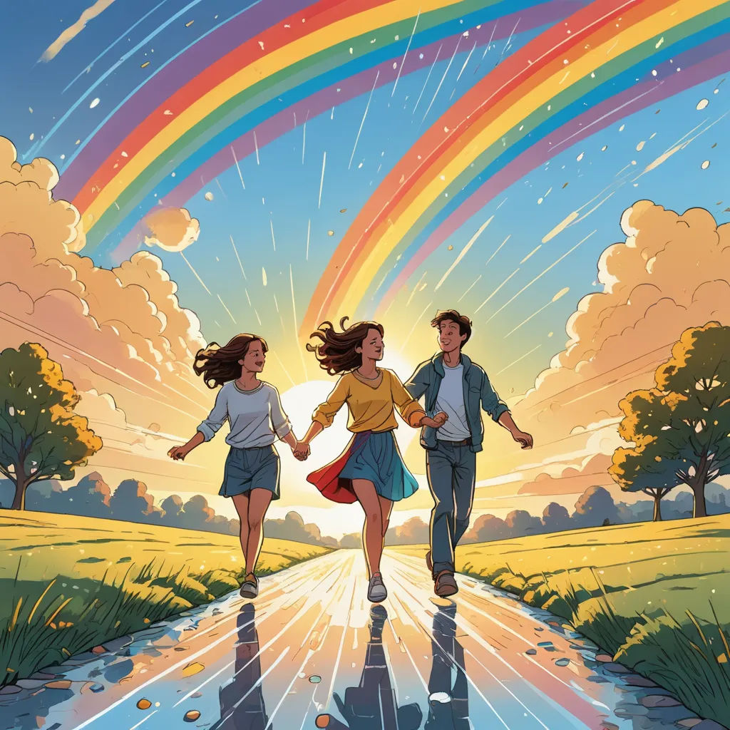 a couple of people that are walking down a road with a rainbow in the background and a rainbow in the sky, lyco art, a storybook illustration, Cyril Rolando, rossdraws global illumination