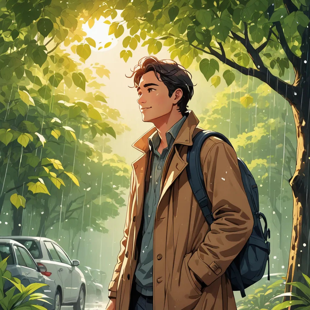 a man in a brown coat is standing in the rain with a backpack on his shoulder and a car parked in the background, serial art, a character portrait, Cedric Seaut (Keos Masons), kinkade