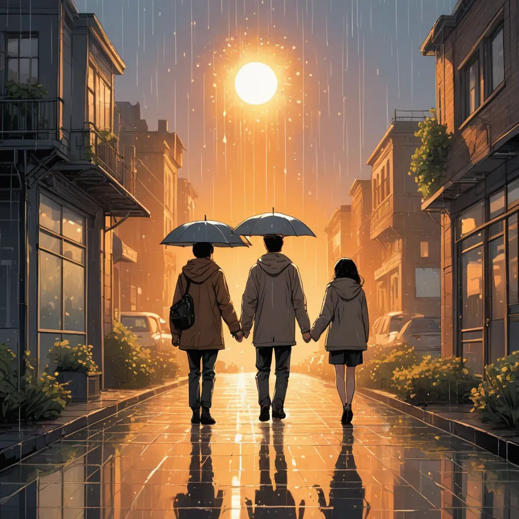 three people walking down a street holding hands under umbrellas in the rain at night with the sun shining, neo-romanticism, a storybook illustration, Cyril Rolando, rain