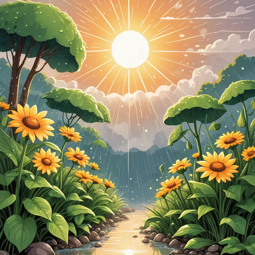 a sunflowers and a stream in a forest with rocks and grass under a cloudy sky with sun, fantasy art, a storybook illustration, David Martin, sun