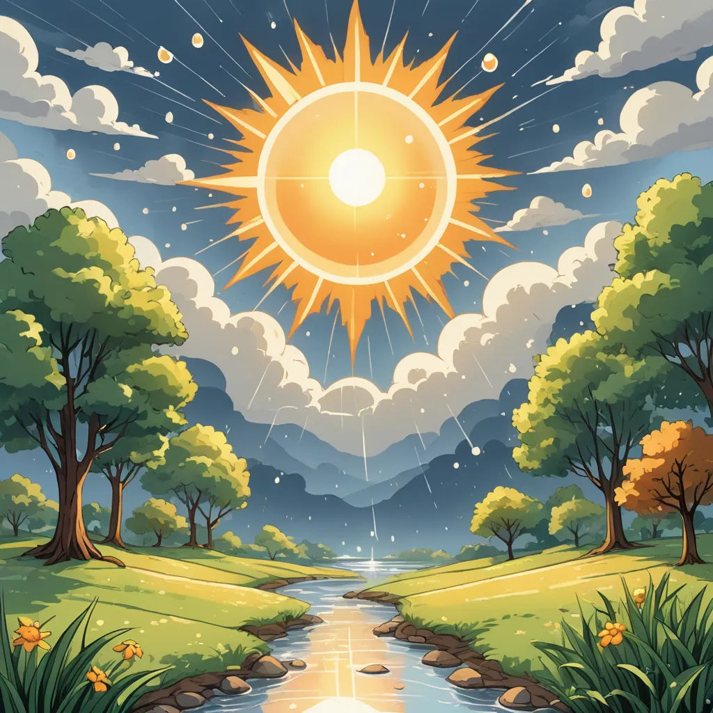a painting of a river running through a lush green field under a cloudy sky with a sun above it, precisionism, a storybook illustration, Chris LaBrooy, sun