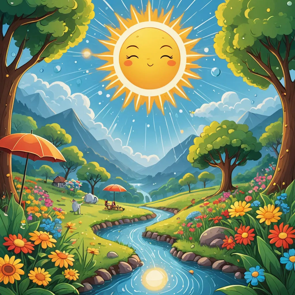 a painting of a sun over a river and mountains with flowers and trees in the foreground and a sun above the water, naive art, a storybook illustration, Chris LaBrooy, sun