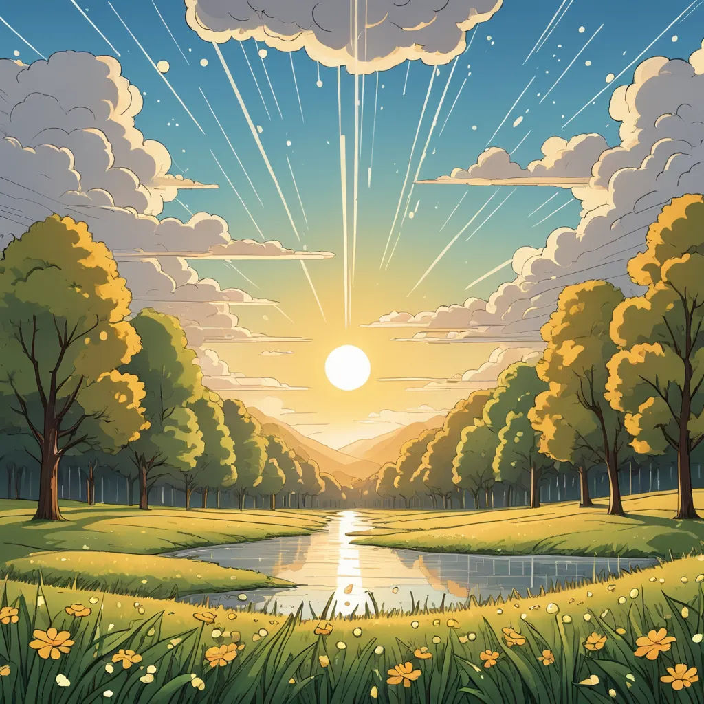a painting of a beautiful sunset over a river and trees with flowers in the foreground and a sun setting in the background, naturalism, a storybook illustration, Dan Mumford, sun