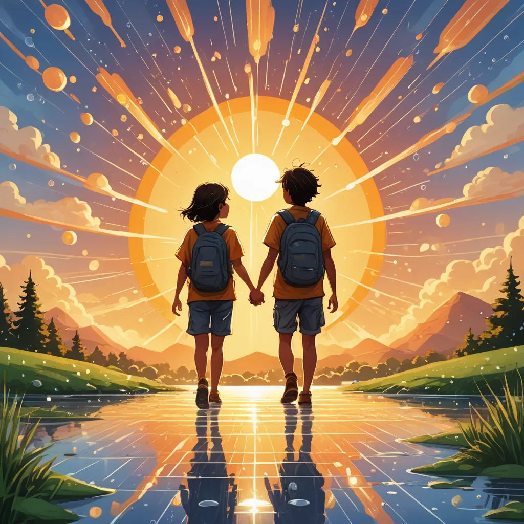 two people walking across a lake holding hands under a sun filled sky with clouds and sun beams above them, nuclear art, a storybook illustration, Chris LaBrooy, josan gonzales and dan mumford