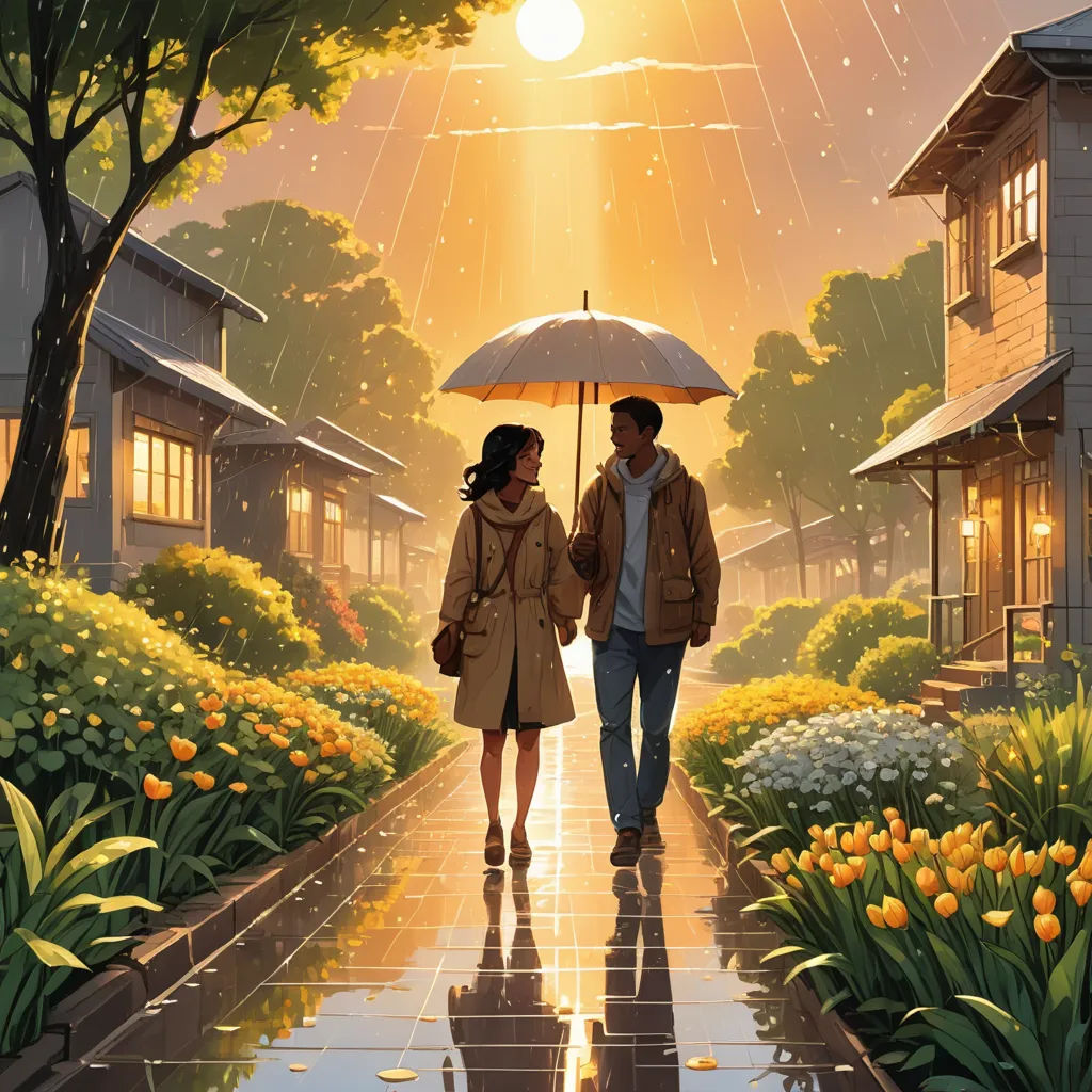 a couple walking down a rain soaked street holding an umbrella in the rain with the sun shining down on them, american scene painting, a storybook illustration, Evgeny Lushpin, kinkade
