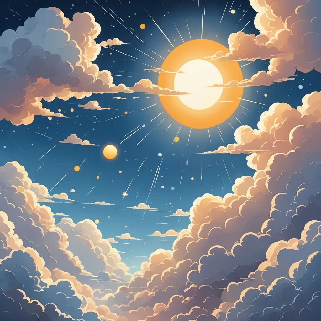 a painting of a sunset with clouds and a sun in the sky above it and a blue sky with white clouds, space art, a detailed painting, Chris LaBrooy, sky