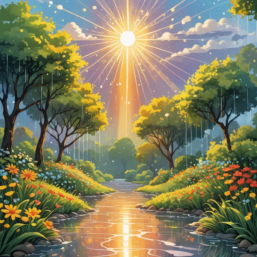 a painting of a river surrounded by trees and flowers with a sun shining over the water and a forest, magical realism, a storybook illustration, Chris LaBrooy, sun
