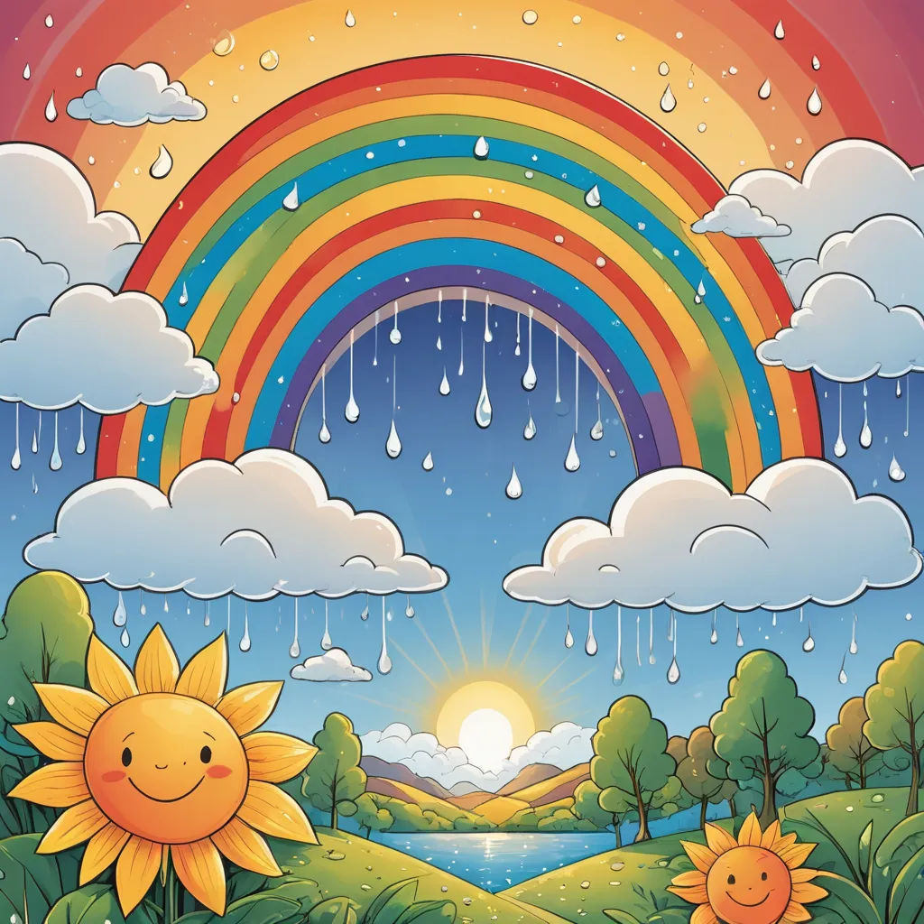 a rainbow and a rainbow with rain falling down on it and a sunflower in the foreground with a rainbow in the background, naive art, a storybook illustration, Andries Stock, rain