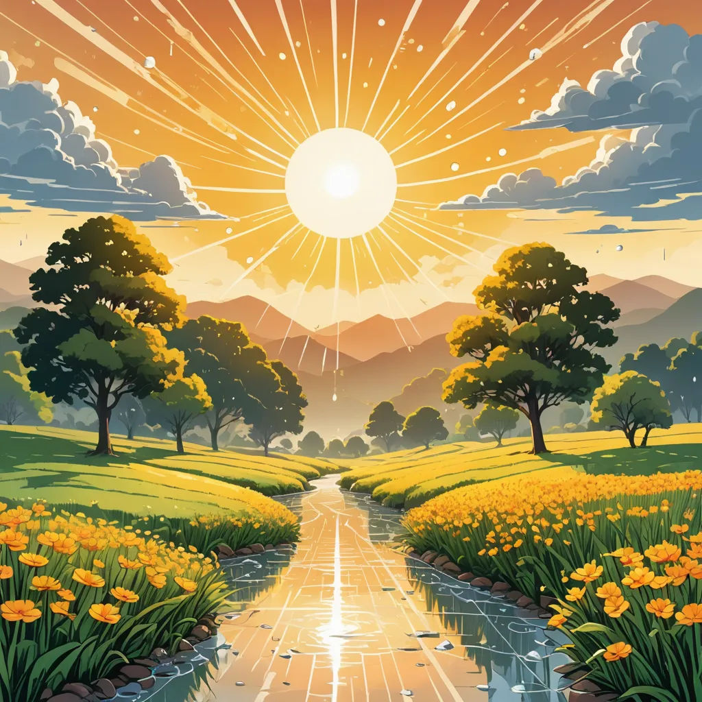 a painting of a sun setting over a river and a field with flowers and trees in the foreground, precisionism, a storybook illustration, Dan Mumford, sun