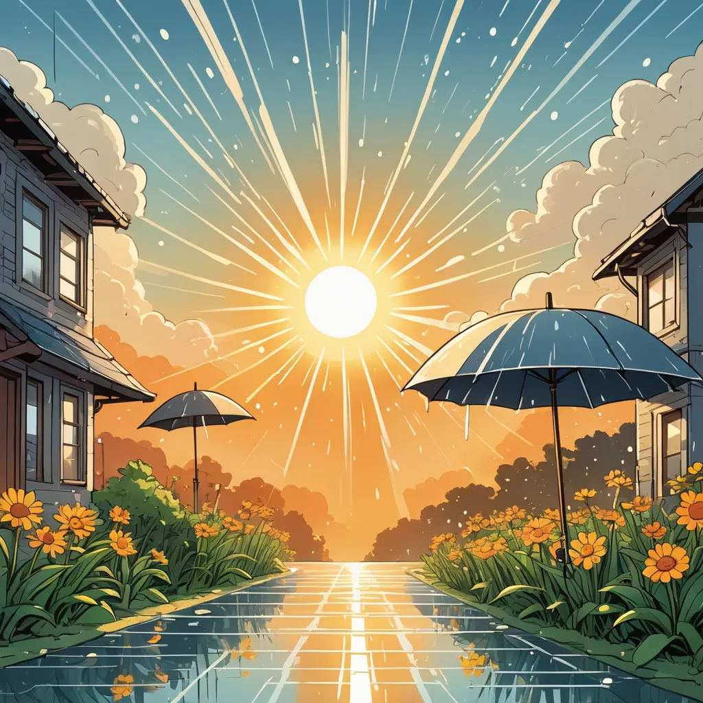 a painting of a sun setting over a small pond with umbrellas in the foreground and flowers in the foreground, rayonism, a comic book panel, Dan Mumford, rossdraws global illumination