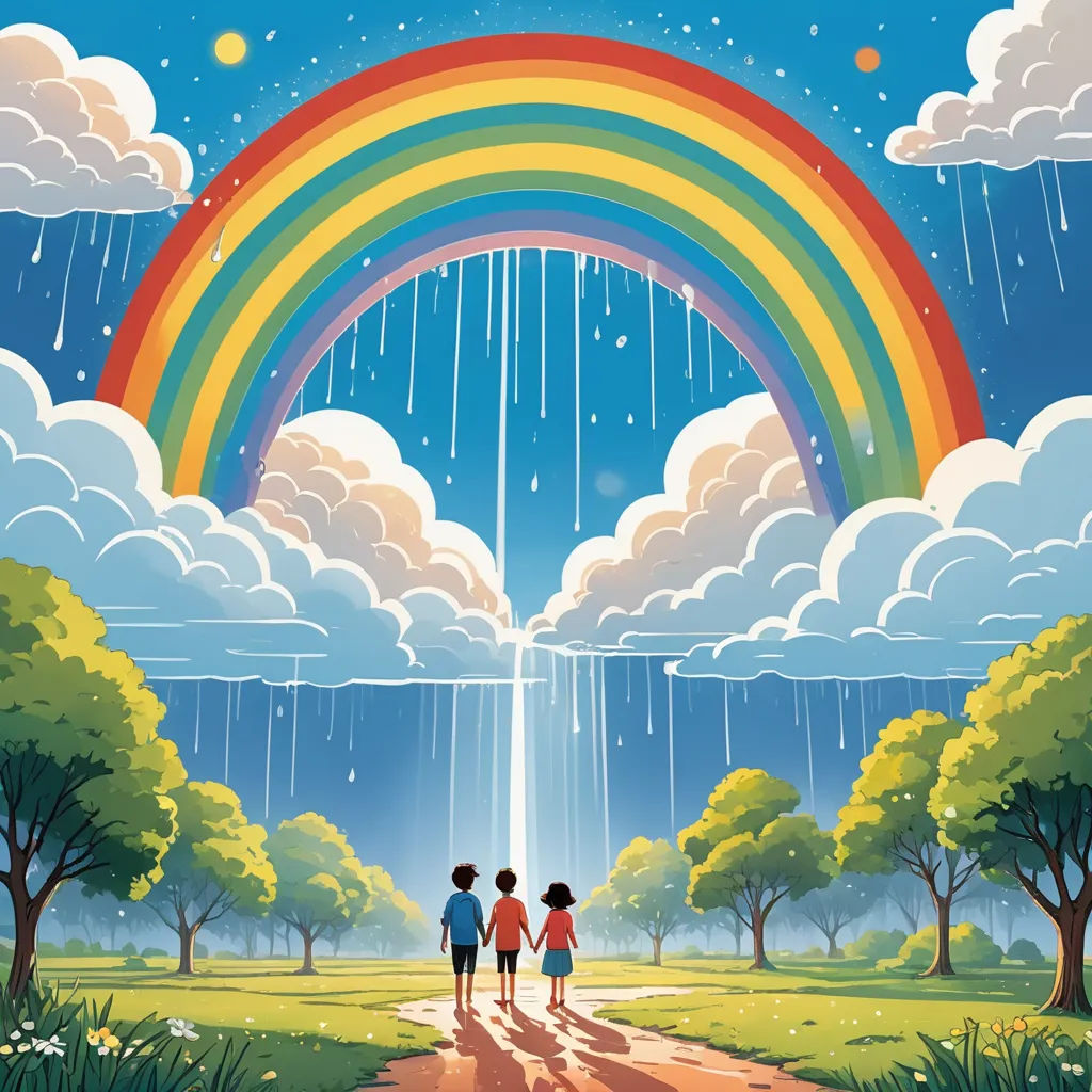 a painting of three people walking under a rainbow in the sky with rain falling down on them and a rainbow in the sky, naive art, a storybook illustration, Chris LaBrooy, rossdraws global illumination