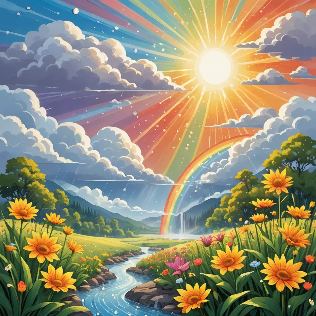 a painting of a rainbow over a river and flowers in a field with a rainbow in the sky above, precisionism, a matte painting, Chris LaBrooy, sun
