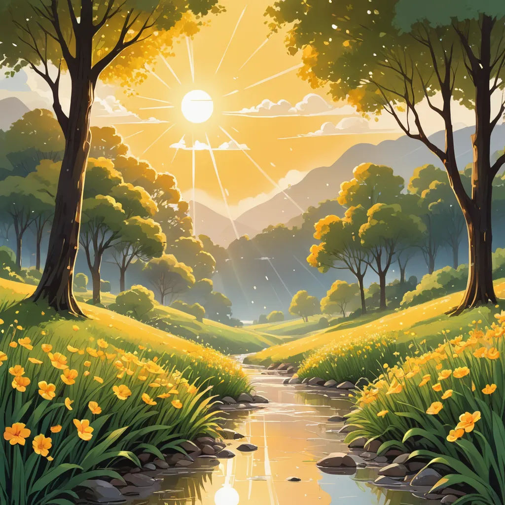 a painting of a river running through a lush green forest with yellow flowers and trees on both sides of the river, fantasy art, a detailed matte painting, Chris LaBrooy, sun
