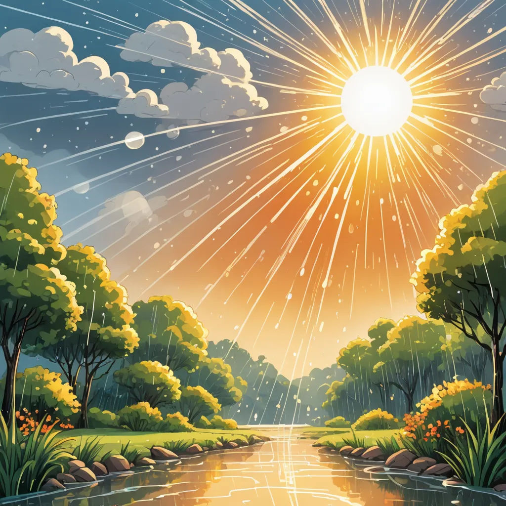 a painting of a river with trees and a sun in the background with clouds and sunbeams above, naturalism, a storybook illustration, Chris LaBrooy, sun rays