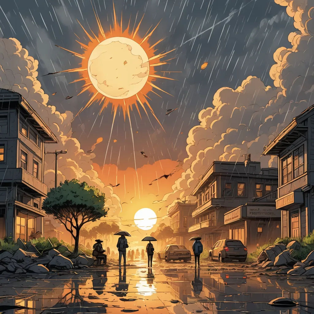 a painting of people walking in the rain under an umbrella at sunset with a sun setting in the background, rayonism, a comic book panel, Dan Mumford, josan gonzales and dan mumford
