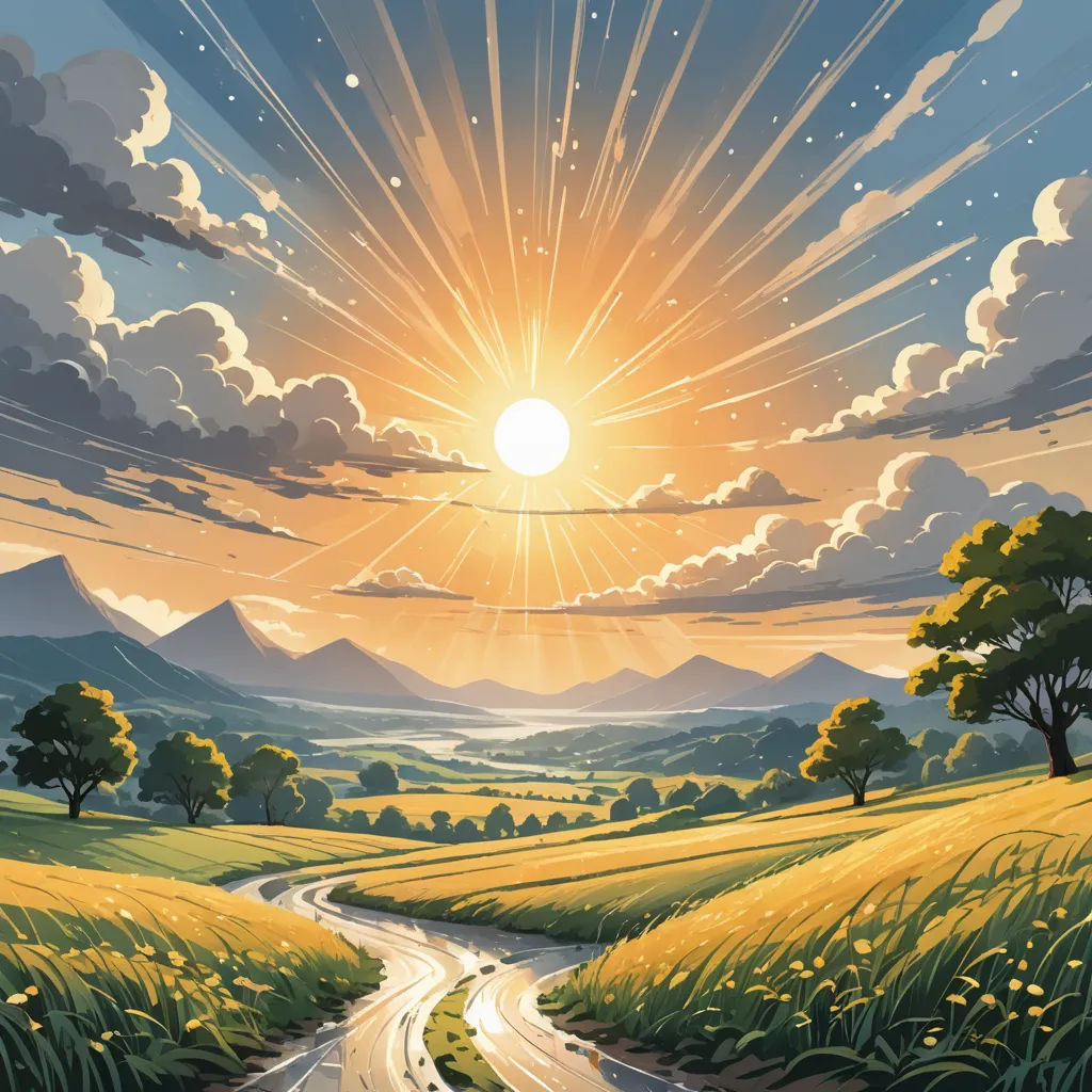a painting of a road going through a field with a sun in the sky above it and a mountain range in the background, fantasy art, a matte painting, Dan Mumford, sun
