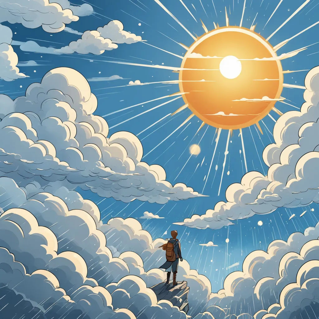a man standing on a cliff looking at the sun above clouds and a sky with a person standing on top, fantasy art, a storybook illustration, Chris LaBrooy, sun