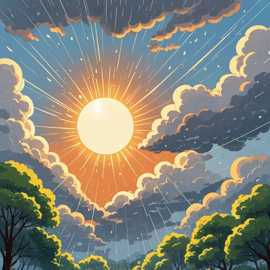 a painting of a sun setting over a forest with trees and grass in the foreground and clouds in the background, naturalism, a storybook illustration, Chris LaBrooy, sun